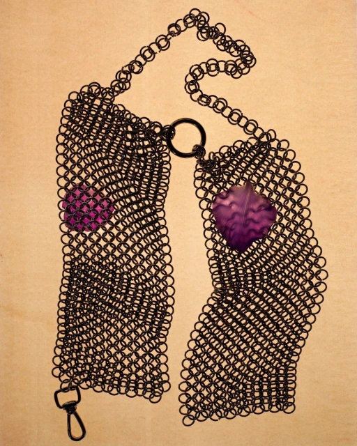 Black chainmail necklace with two purple gemstone embellishments on a light beige surface. Jewellery fashion product shot.