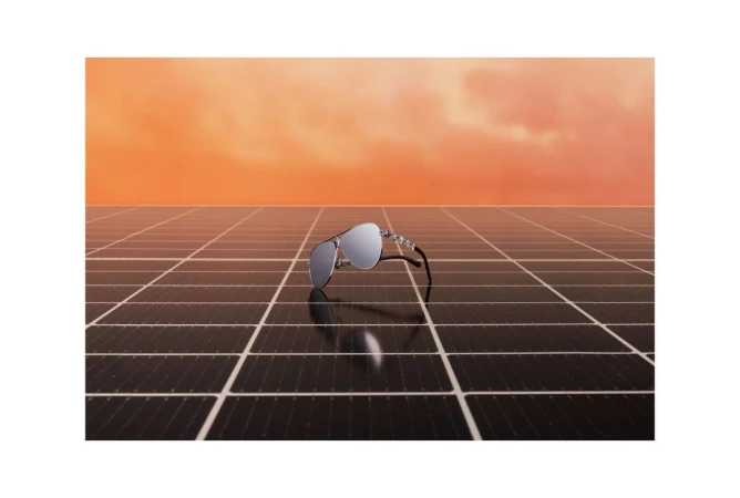 Aviator sunglasses on a solar panel against an orange sky. The reflective lenses mirror the landscape, creating a modern still life.