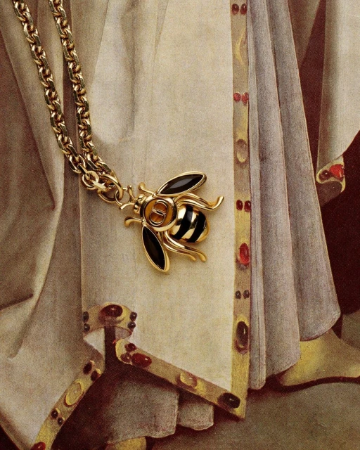 Close-up of a gold chain necklace featuring a bee pendant with black and gold stripes, draped over fabric with decorative trim.