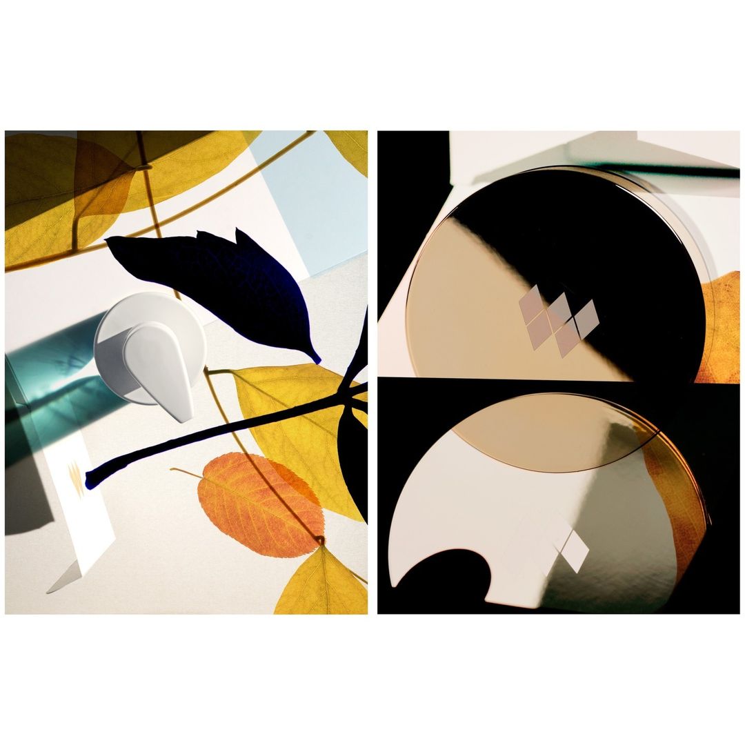 Still life collage featuring a round lotion bottle amidst autumn leaves and geometric shapes with dynamic lighting and minimalist aesthetic.