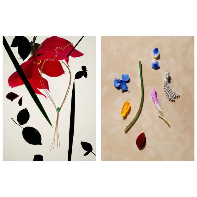Still life of fine jewelry on white and beige backgrounds with flowers and plant sprigs featuring a necklace and earring.