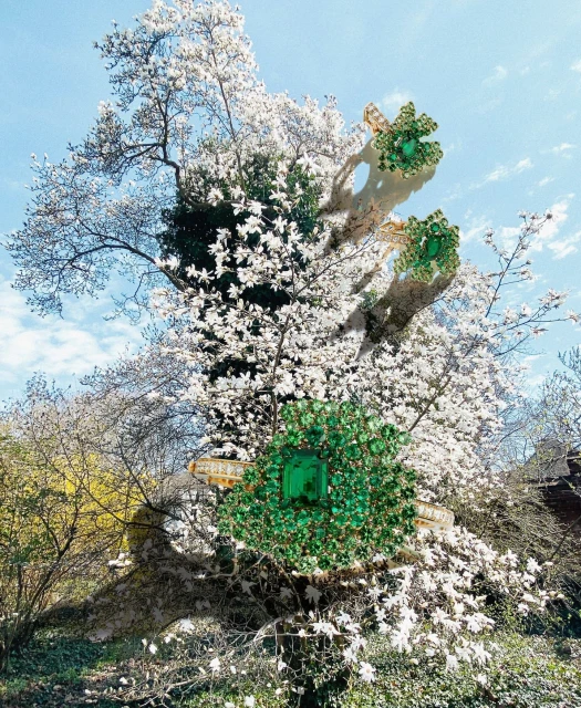 Green gemstone ring floating among branches and blossoms on trees, on a sunny day, with blue skies and light shadows.