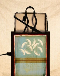 Translucent handbag resting on a framed turquoise patterned panel against a textured neutral background