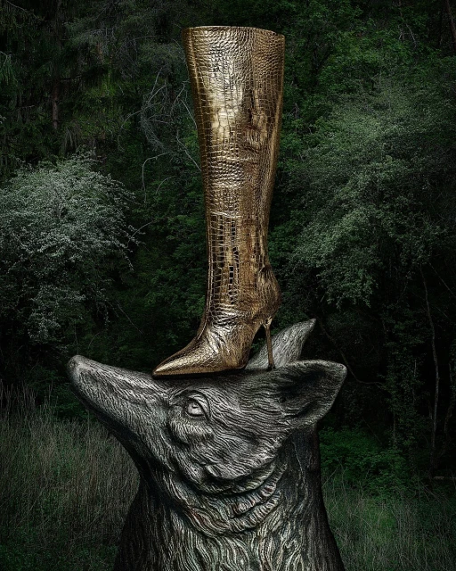 Gold crocodile-textured stiletto boot on top of a grey stone boar head statue with lush green foliage in the background.