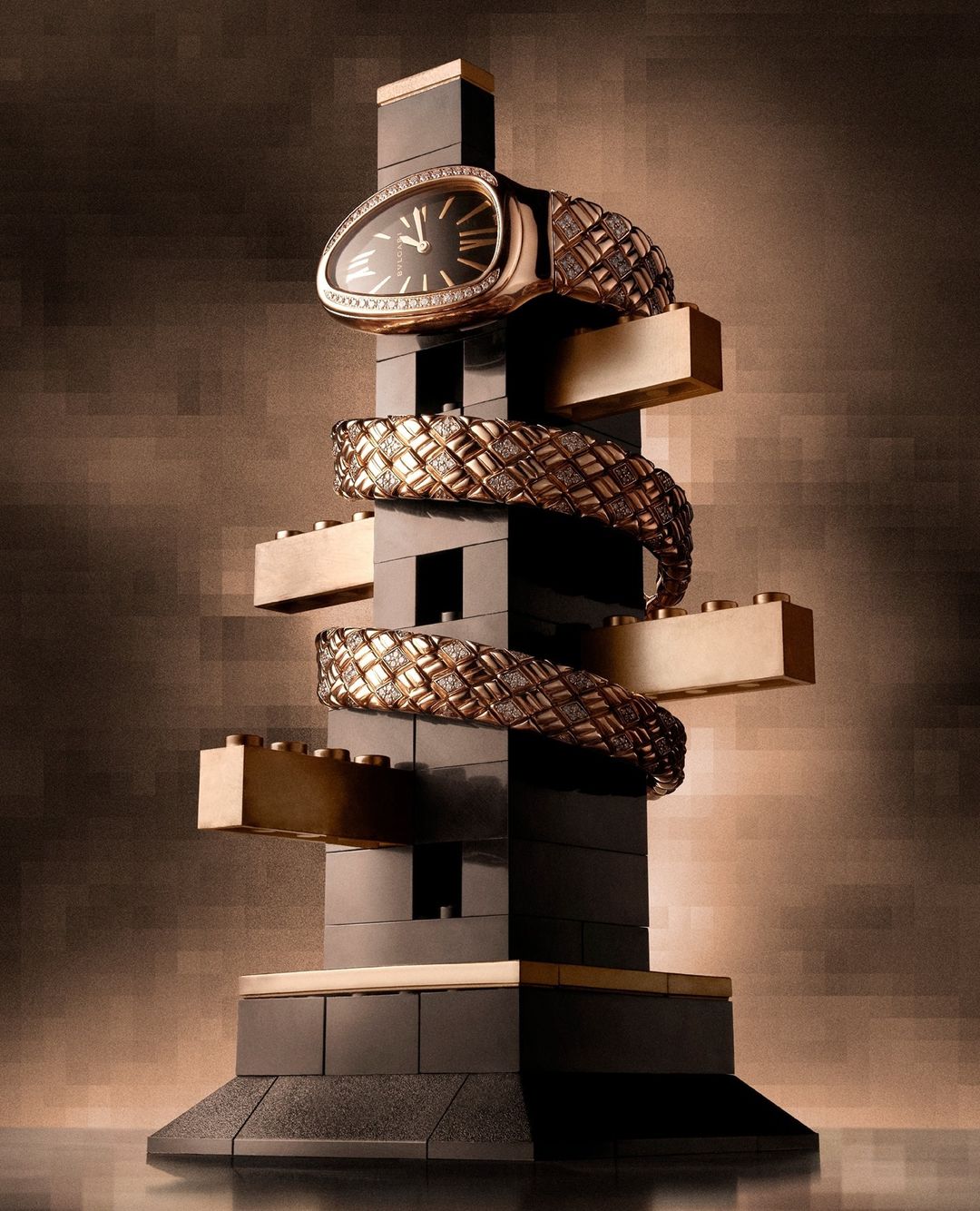 Luxury rose gold wristwatch with snake-scale band artfully arranged on a black brick plinth in studio. Elegant timepiece product shot.