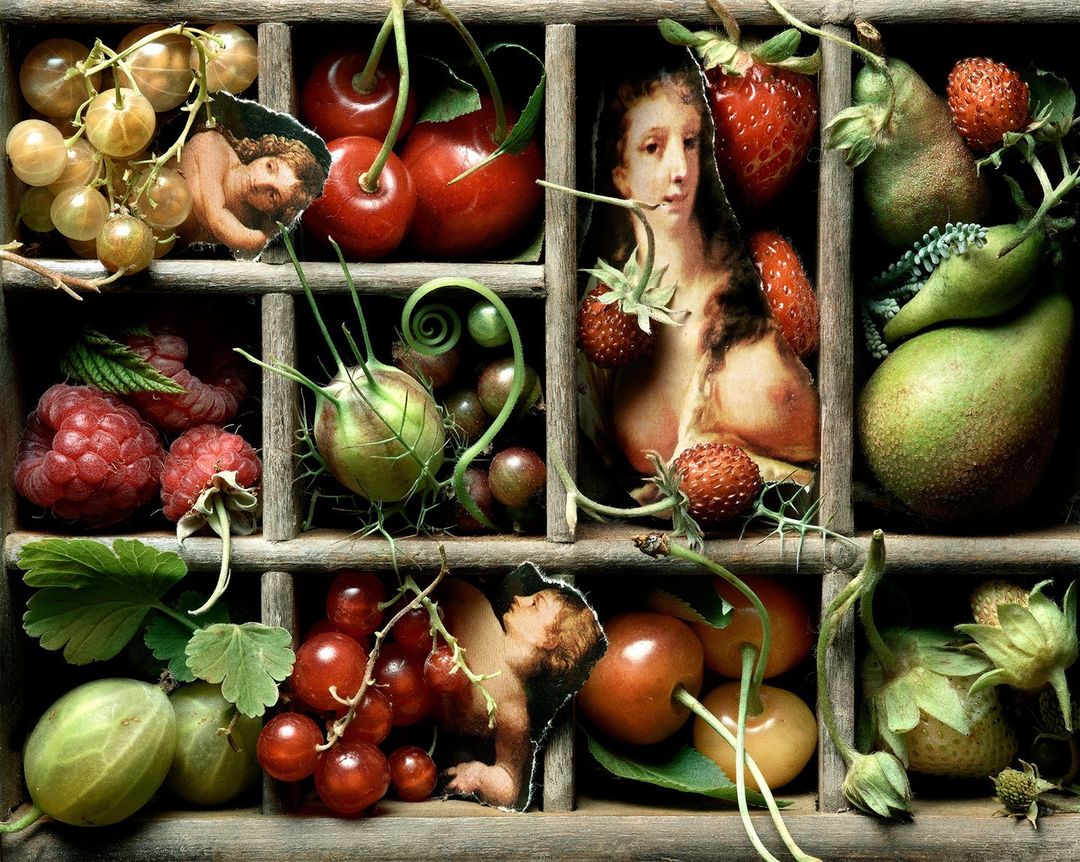 Still life arrangement of fresh fruits, including cherries, strawberries, pears, raspberries, and grapes, displayed in a partitioned wooden box.