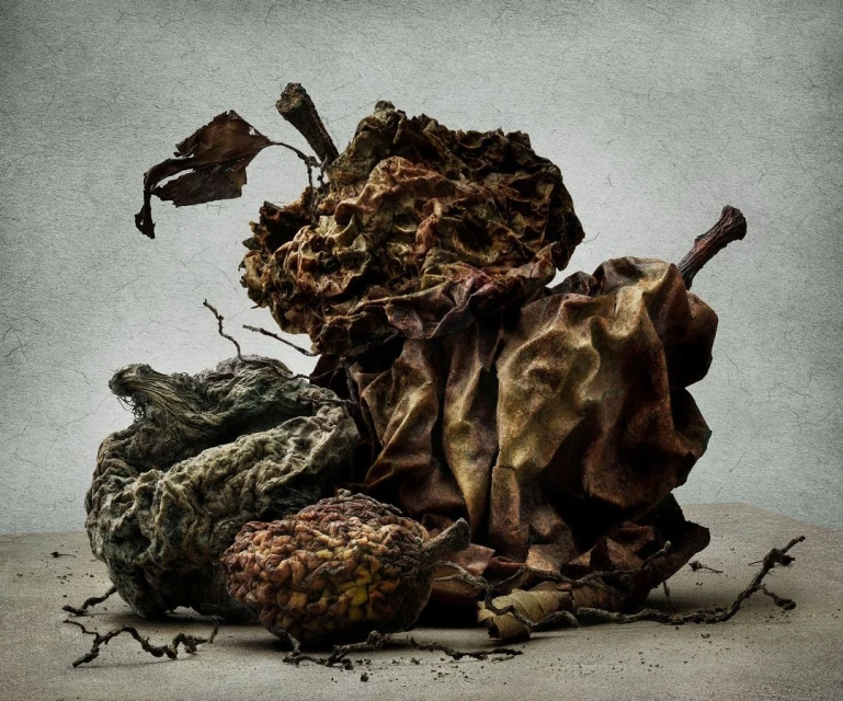 Still life of three decaying apples with stems and leaves, showing discoloration, wrinkles, and signs of decomposition against a grey background.