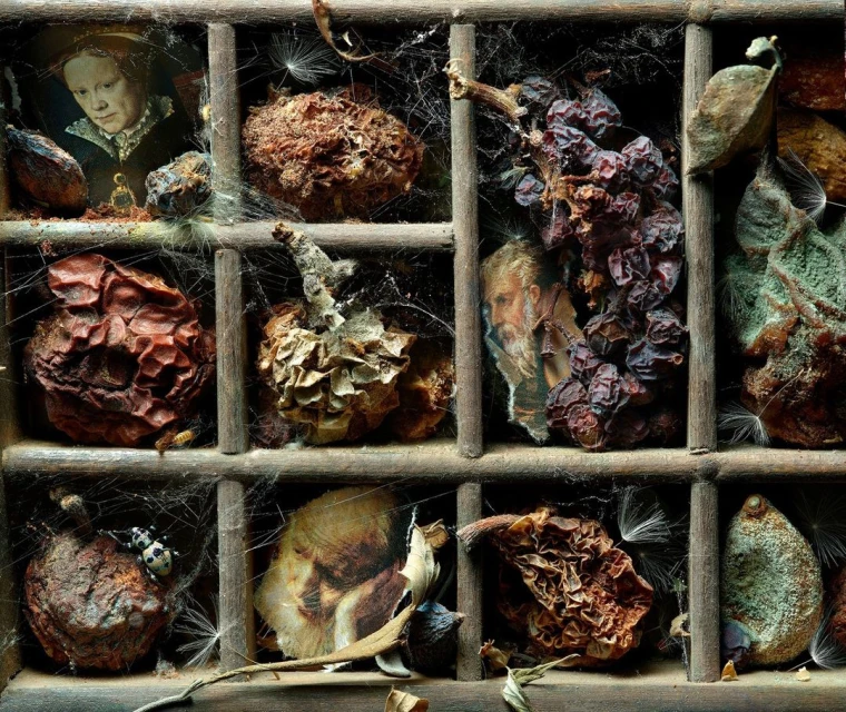 Still life of dried fruits and portraits arranged in a compartmentalized wooden box, creating a visually interesting composition.