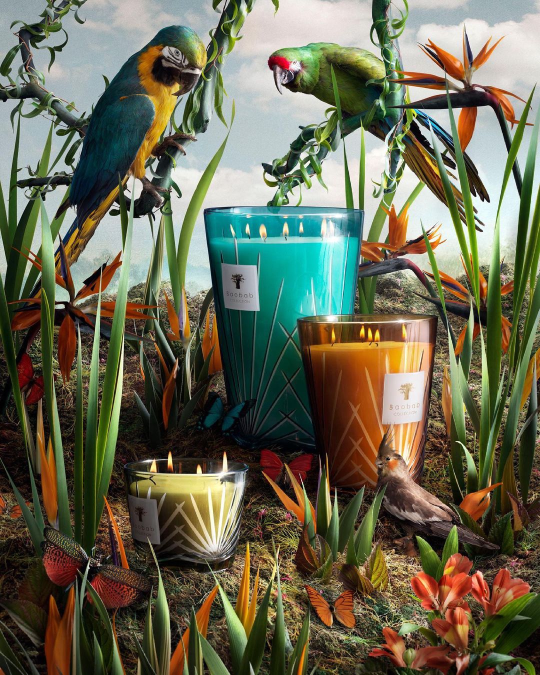 Three lit candles are displayed among tropical foliage, birds, and butterflies in an artistic, fantasy-style product shot.