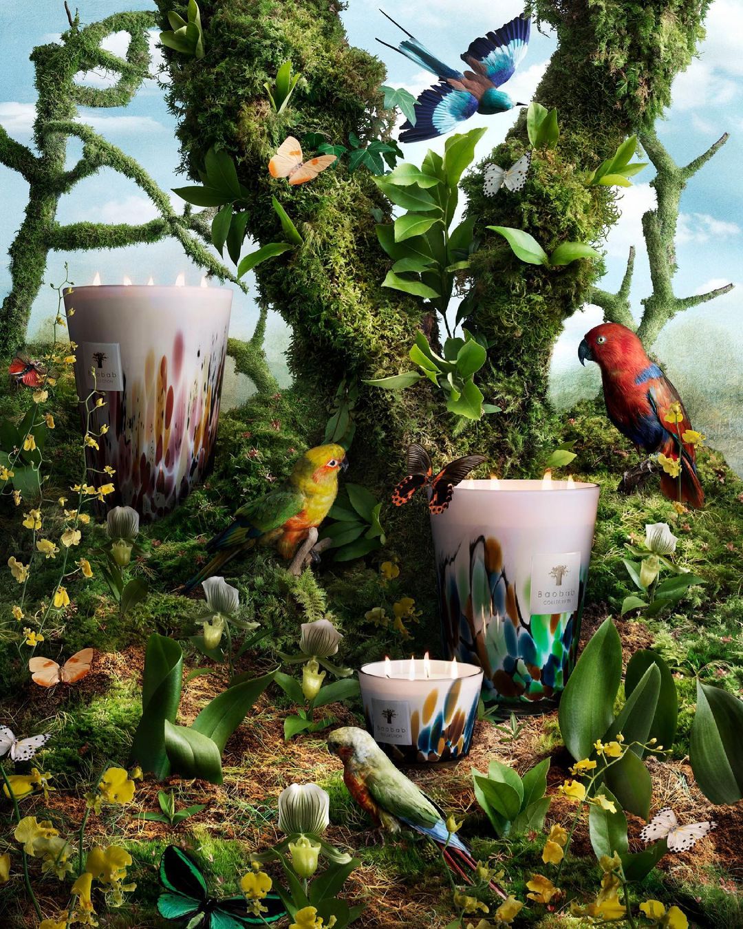 Still life with candles, parrots, and butterflies in a forest setting, showcasing nature and whimsical beauty in a vertical layout.