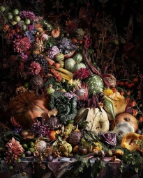 An elaborate still life arrangement of pumpkins, gourds, flowers, and vegetables spilling across a dark floral surface.