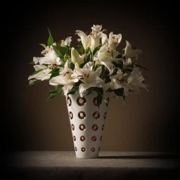 White lilies in a patterned white vase on a dark surface with dramatic lighting