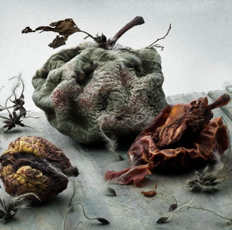 Still life photography of decaying vegetables and dried seed pods on a rustic wooden surface against a pale textured background.