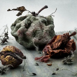 Still life photography of decaying vegetables and dried seed pods on a rustic wooden surface against a pale textured background.