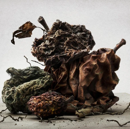 Still life photography of decaying withered fruits and dried leaves arranged on a flat surface by Peter Lippmann.