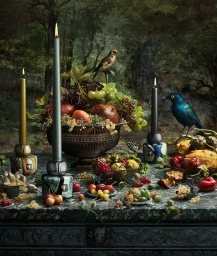 Still life photography of candles, ceramic holders, fruits, and birds on a marble table with a painted forest backdrop by Peter Lippmann
