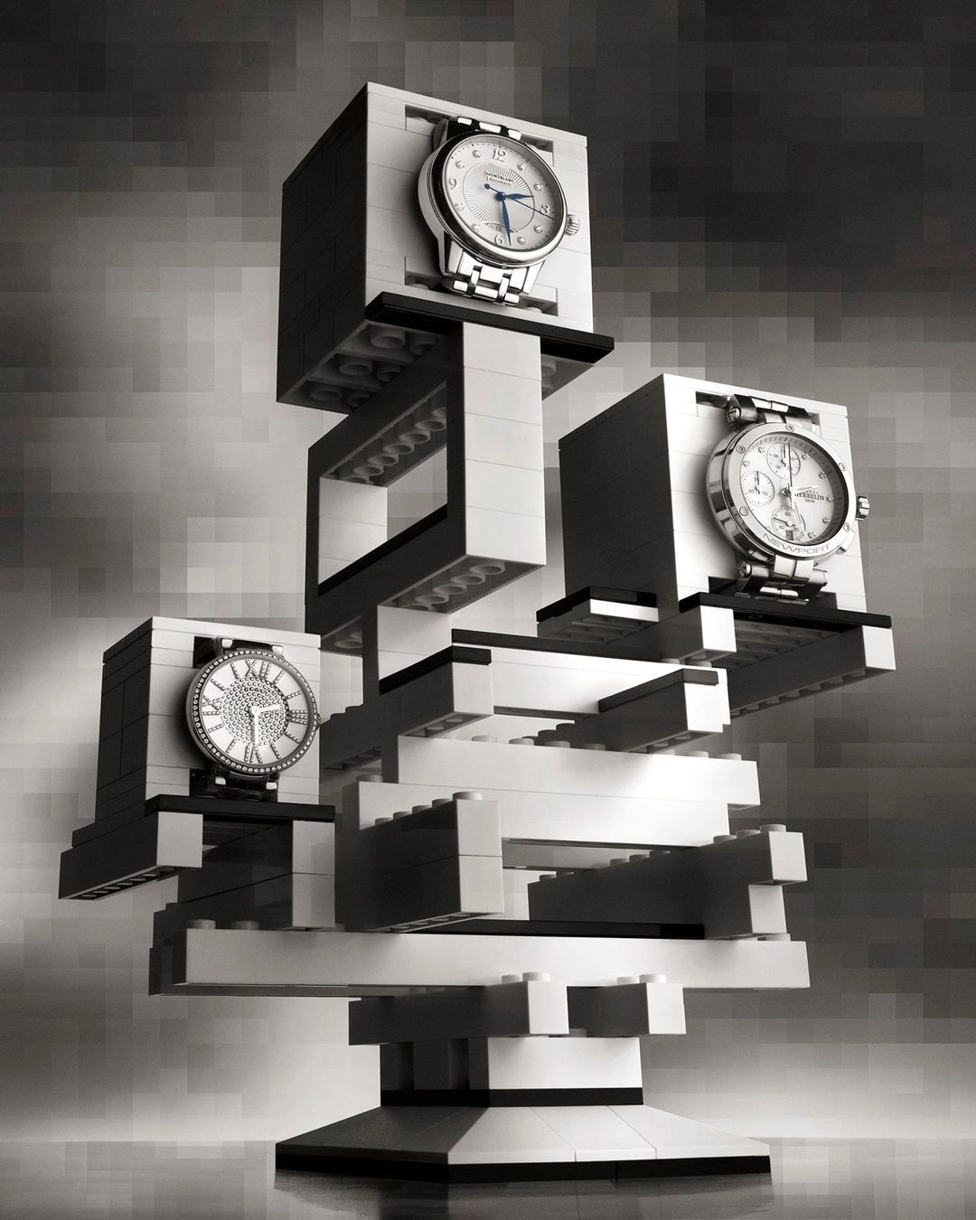 Three luxury wristwatches displayed on a complex structural sculpture made of interlocking white building bricks.