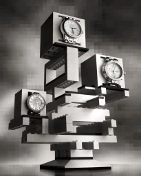 Three luxury wristwatches displayed on a complex structural sculpture made of interlocking white building bricks.