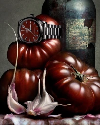 Still life photography by Peter Lippmann featuring a luxury wristwatch resting on dark red tomatoes beside weathered metal bottle