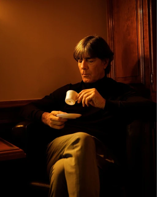 An adult man with dark hair sits in a dimly lit room, holding a white tea cup and saucer. He is wearing a black turtleneck sweater.