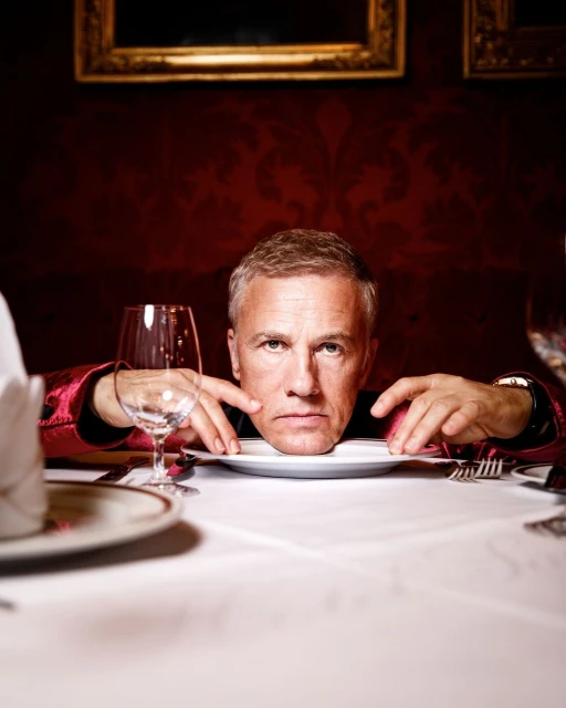 Headshot of adult male at the head of a dinner table, wearing a red jacket and resting his chin on a white dinner plate.