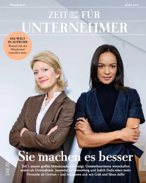 Magazine cover featuring two businesswomen in professional attire, arms crossed, confident expressions, Zeit fur Unternehmer March 2013 issue.