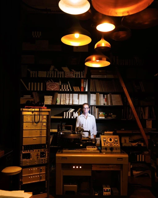 Man in a music studio with audio equipment, surrounded by records and illuminated by pendant lights, creating a warm, creative atmosphere.