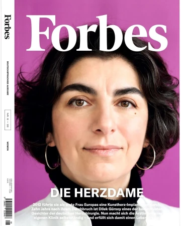 Forbes magazine cover featuring Dilek Gürsoy in a portrait on a pink background. The cover includes the magazine's logo and text in German.