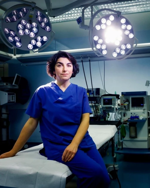 Female healthcare worker in blue scrubs sits on examination table in a bright, modern operating room under surgical lighting.