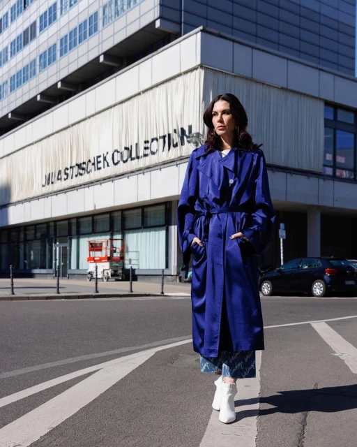 Stylish brunette woman in blue trench coat walking on city street with modern building in the background and a black car passing by.