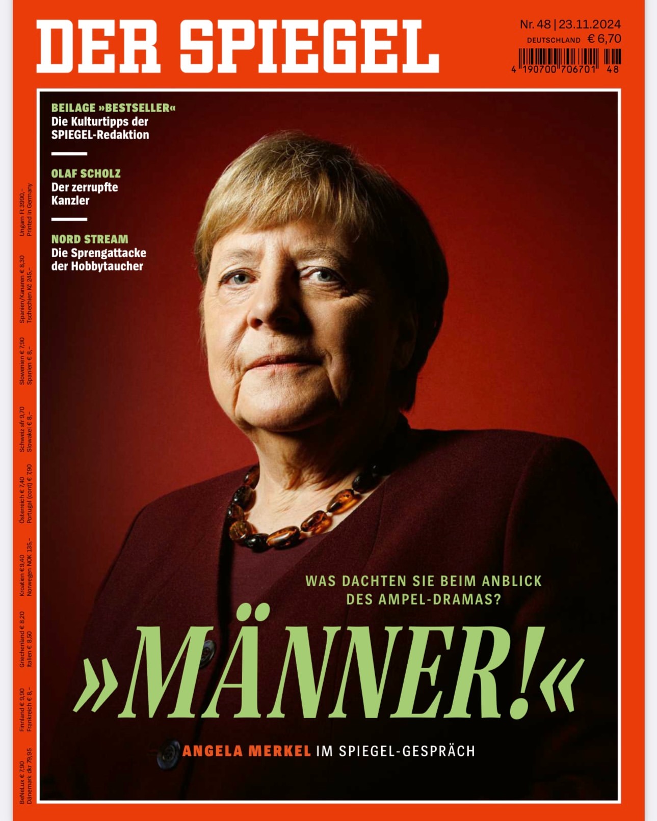 Magazine cover of Der Spiegel featuring Angela Merkel in a portrait shot against a red background, with bold text and publication details.
