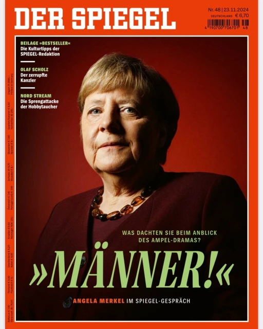 Magazine cover of Der Spiegel featuring Angela Merkel in a portrait shot against a red background, with bold text and publication details.