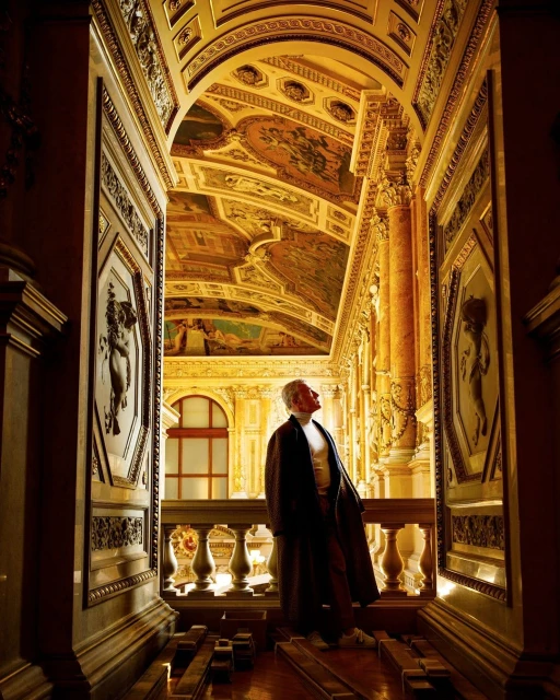 Mature adult in a long coat looking at ornate ceiling in a golden hall. Architecture and artistic details create a dramatic scene.