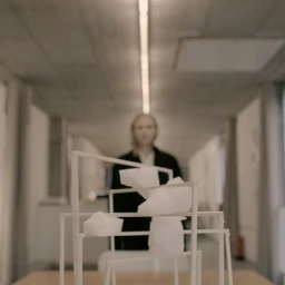 An architectural model in the foreground with a blurred person standing in an office interior background.