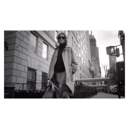 Model in sunglasses and long coat walking on a New York street captured by Peter Szollosi