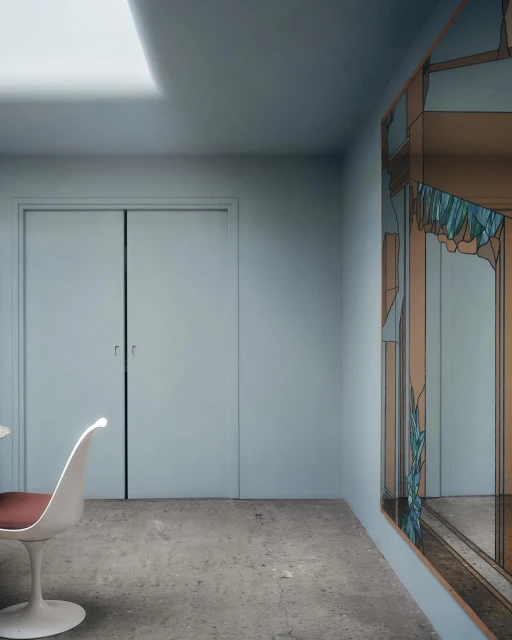 Minimalist interior with a tulip-base chair and a large geometric mirror in a room with light blue walls and concrete floor, creating a spacious effect.
