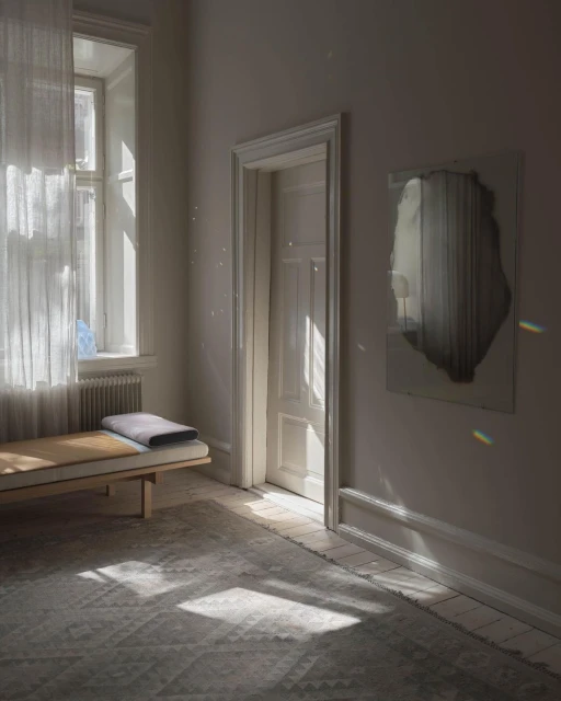 Sunlit room interior with a bench seat by a window, a light grey patterned rug, an open white door, and a minimalist framed print.
