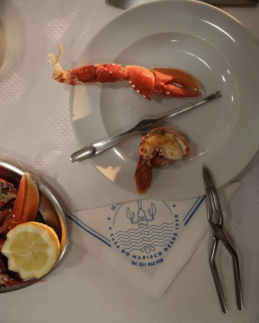 Overhead view of a white plate containing cooked lobster, accompanied by a fork, on a table with a patterned napkin and lemon.