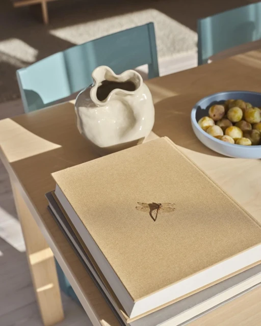 Stack of books with a dragonfly emblem on a wooden table next to a cream-colored vase and a bowl of fruit, capturing soft sunlight.