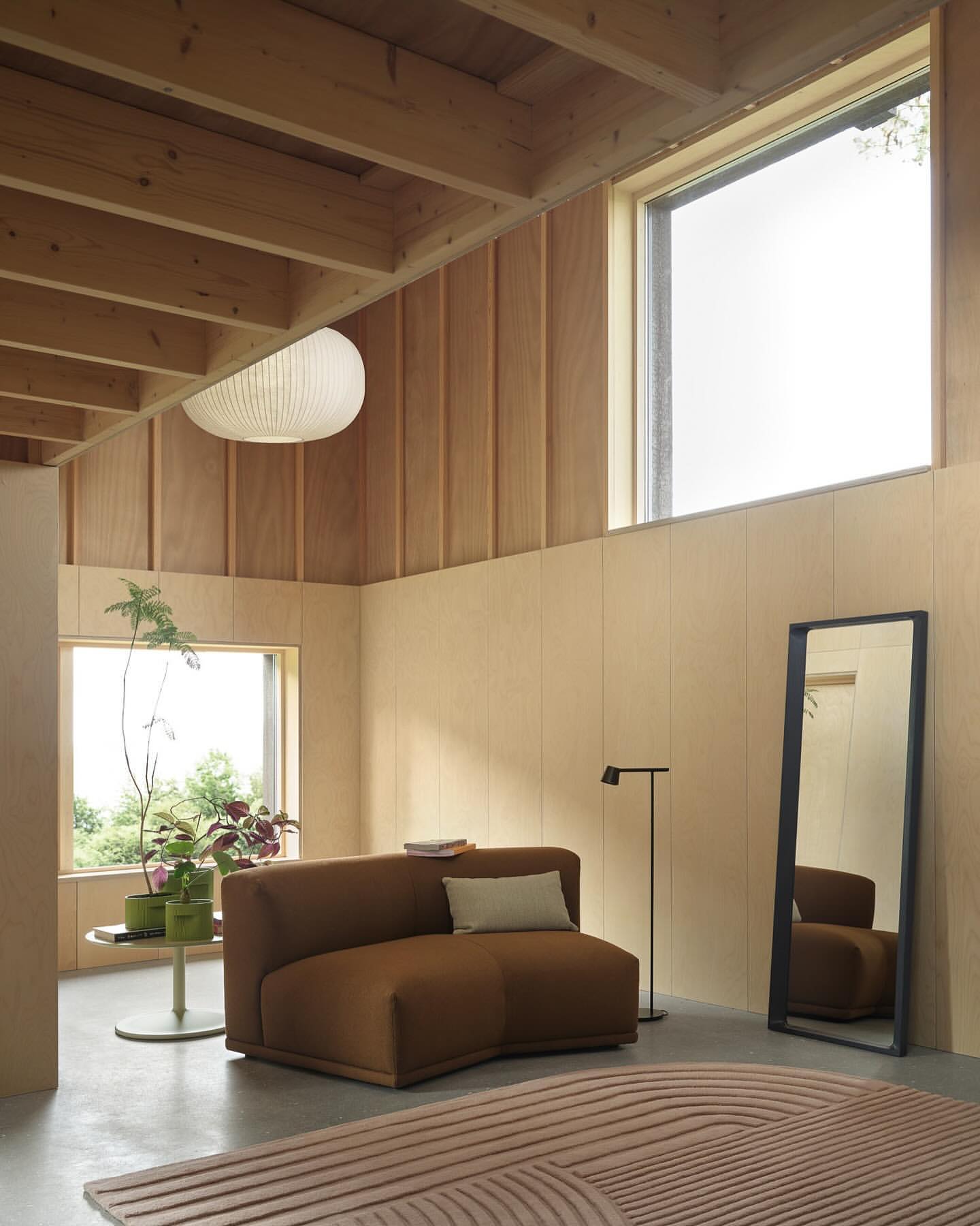 Cozy interior featuring a brown sofa with a throw pillow, plants on a side table, a full-length mirror, wood walls, and a patterned rug.
