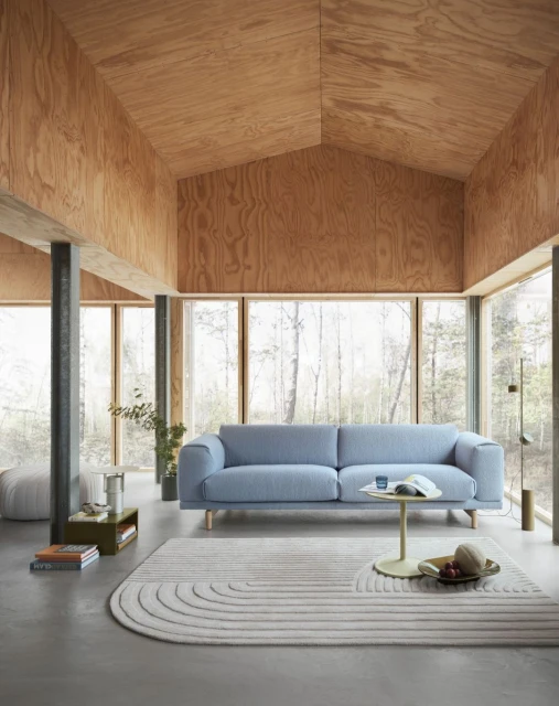 Minimalist living room interior with a light blue sofa, round patterned rug, and plywood walls, flooded with natural light.