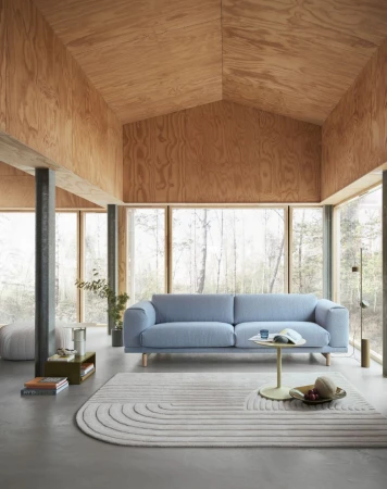 Minimalist living room interior with a light blue sofa, round patterned rug, and plywood walls, flooded with natural light.