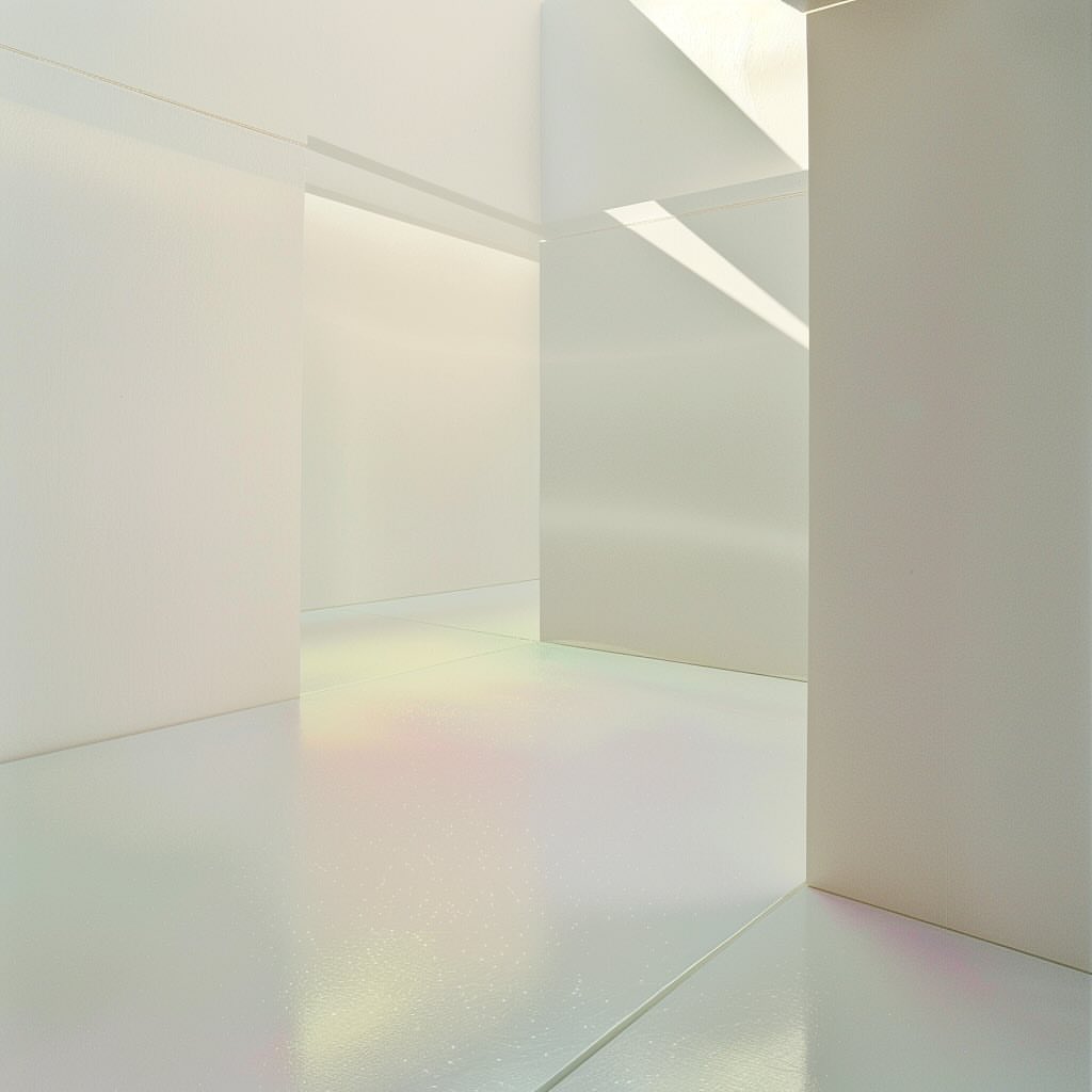 Abstract architecture with white walls, geometric shapes, and light and shadow creating a minimalist and modern visual space.