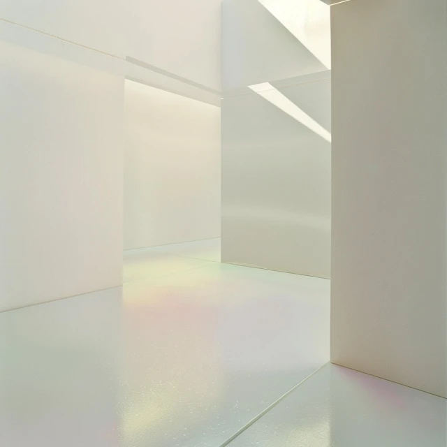 Abstract architecture with white walls, geometric shapes, and light and shadow creating a minimalist and modern visual space.