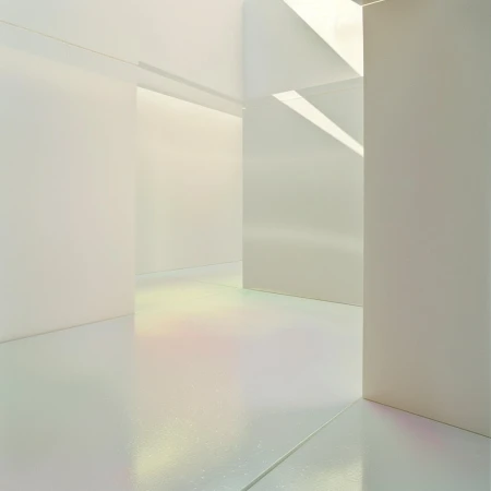 Abstract architecture with white walls, geometric shapes, and light and shadow creating a minimalist and modern visual space.