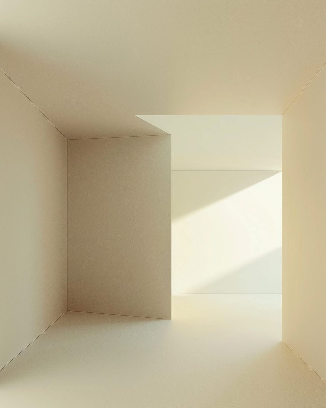 Interior space featuring minimalist architecture with smooth walls and geometric design illuminated by soft, natural lighting creating shadows.