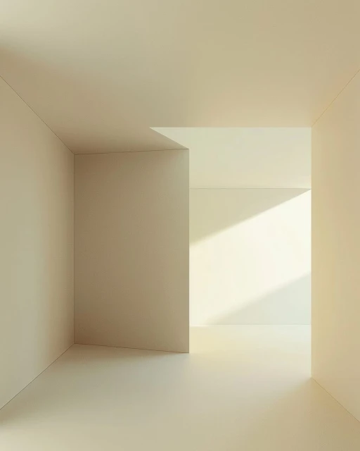 Interior space featuring minimalist architecture with smooth walls and geometric design illuminated by soft, natural lighting creating shadows.