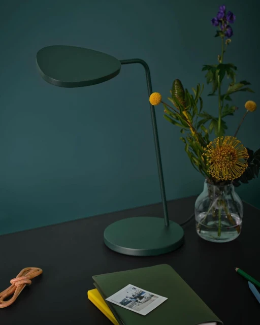 Green desk lamp with flowers, books, and a photo on a dark table against a deep teal wall creates a calm, inviting workspace.