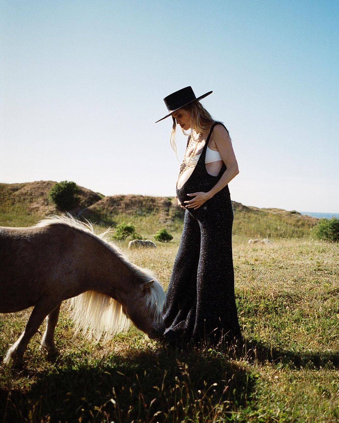 Pregnant woman in black overalls and hat stands in a grassy field, looking at a light brown horse in a rural landscape under a blue sky.