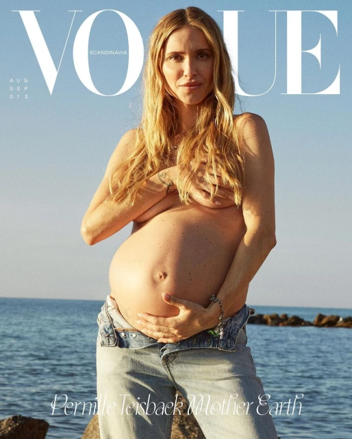 Vogue Scandinavia cover featuring a pregnant woman outdoors by the sea, wearing jeans and holding her chest. Text includes 'Permille Teisbaek'.